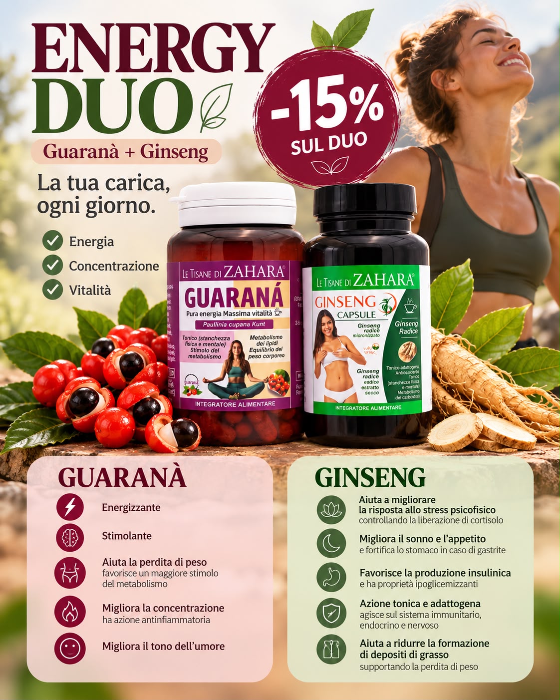 Energy Duo Le Tisane di Zahara: complementos Guaraná y Ginseng en cápsulas